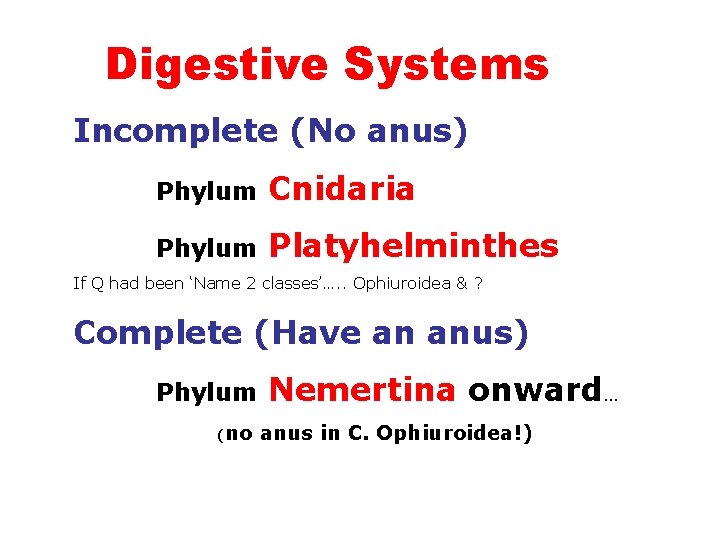Digestive Systems Incomplete (No anus) Phylum Cnidaria Phylum Platyhelminthes If Q had been ‘Name