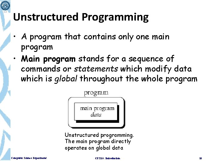 Unstructured Programming • A program that contains only one main program • Main program
