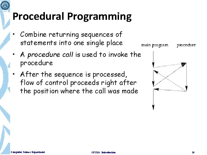 Procedural Programming • Combine returning sequences of statements into one single place • A