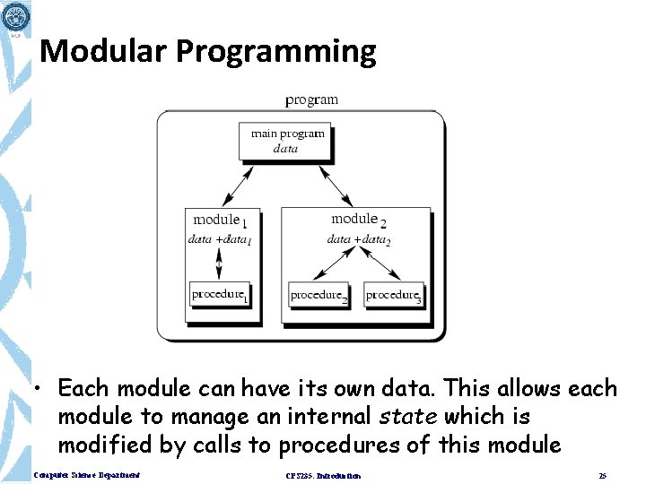 Modular Programming • Each module can have its own data. This allows each module