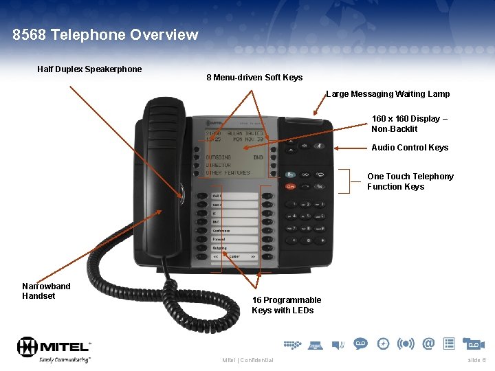 8568 Telephone Overview Half Duplex Speakerphone 8 Menu-driven Soft Keys Large Messaging Waiting Lamp