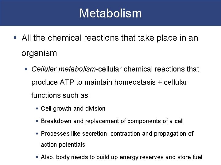 Metabolism § All the chemical reactions that take place in an organism § Cellular