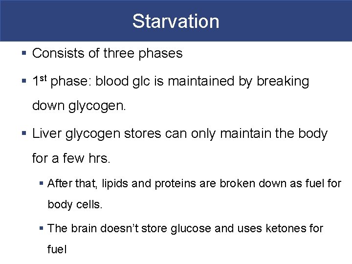 Starvation § Consists of three phases § 1 st phase: blood glc is maintained