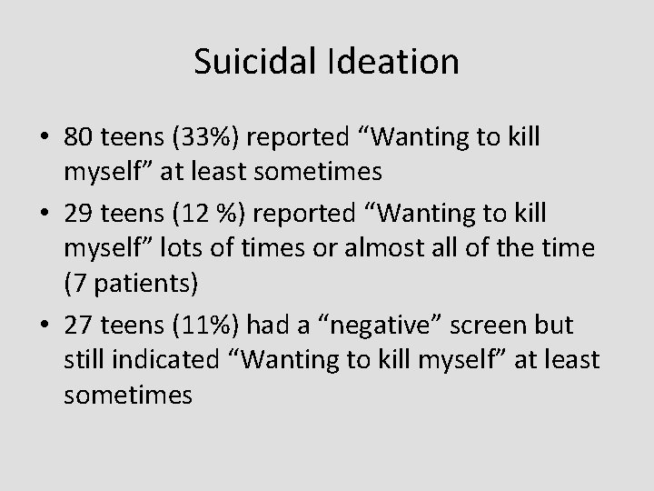 Suicidal Ideation • 80 teens (33%) reported “Wanting to kill myself” at least sometimes