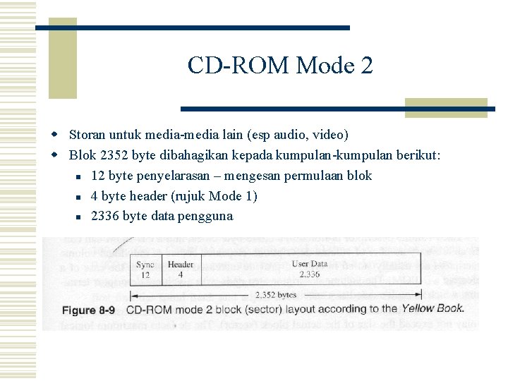 CD-ROM Mode 2 w Storan untuk media-media lain (esp audio, video) w Blok 2352