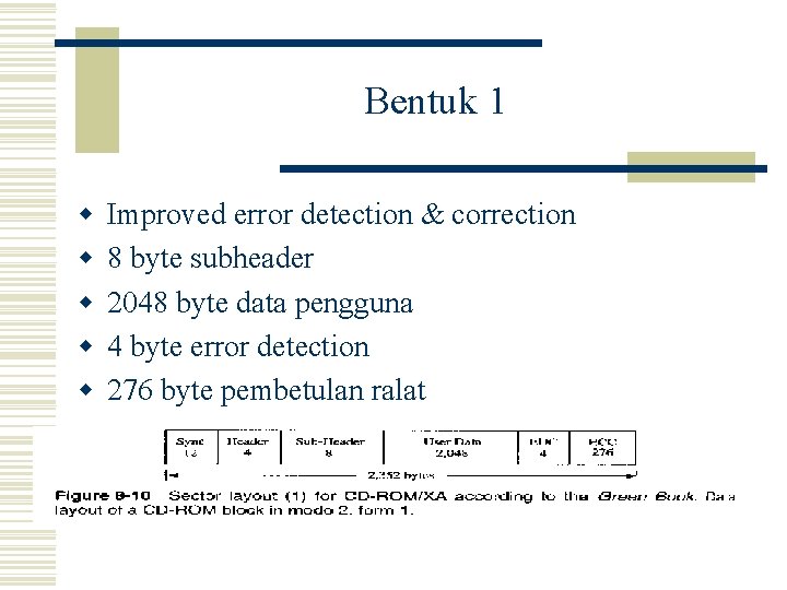 Bentuk 1 w w w Improved error detection & correction 8 byte subheader 2048