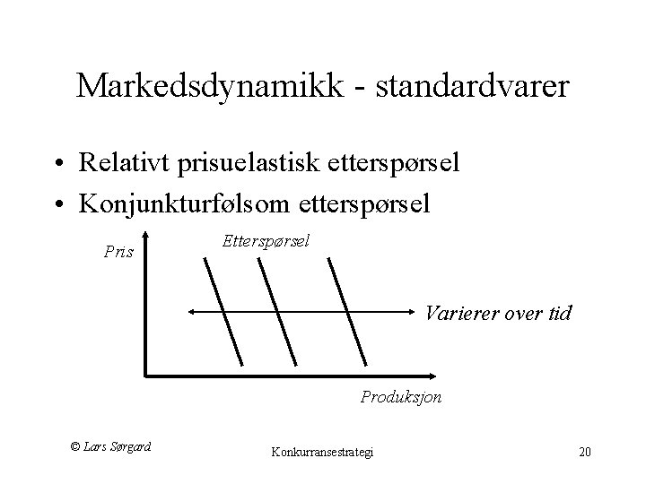 Markedsdynamikk - standardvarer • Relativt prisuelastisk etterspørsel • Konjunkturfølsom etterspørsel Pris Etterspørsel Varierer over