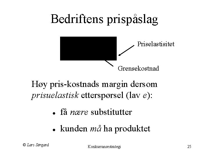 Bedriftens prispåslag Priselastisitet Grensekostnad Høy pris-kostnads margin dersom prisuelastisk etterspørsel (lav e): © Lars