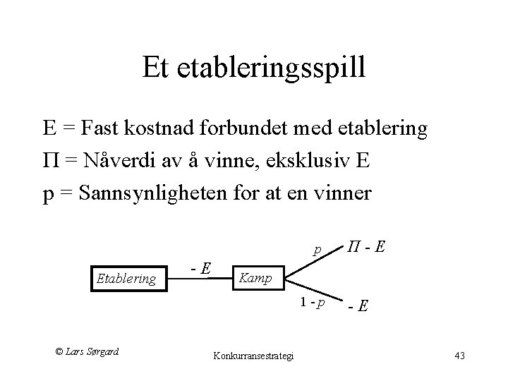 Et etableringsspill E = Fast kostnad forbundet med etablering П = Nåverdi av å