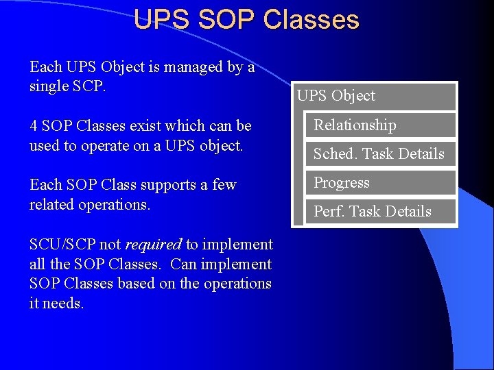 UPS SOP Classes Each UPS Object is managed by a single SCP. 4 SOP