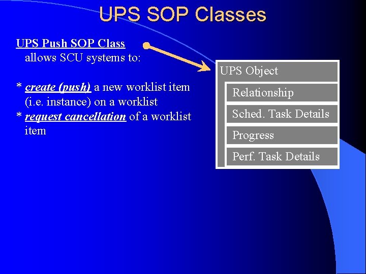 UPS SOP Classes UPS Push SOP Class allows SCU systems to: * create (push)