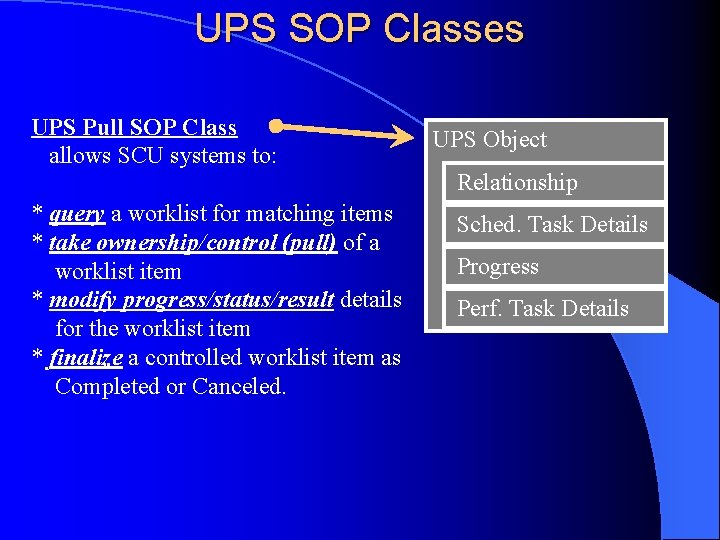 UPS SOP Classes UPS Pull SOP Class allows SCU systems to: * query a