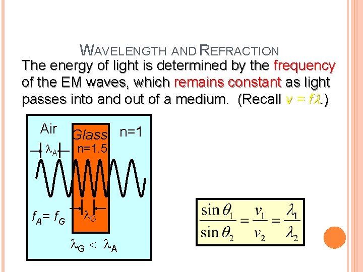WAVELENGTH AND REFRACTION The energy of light is determined by the frequency of the WAVELENGTH AND REFRACTION The energy of light is determined by the frequency of the