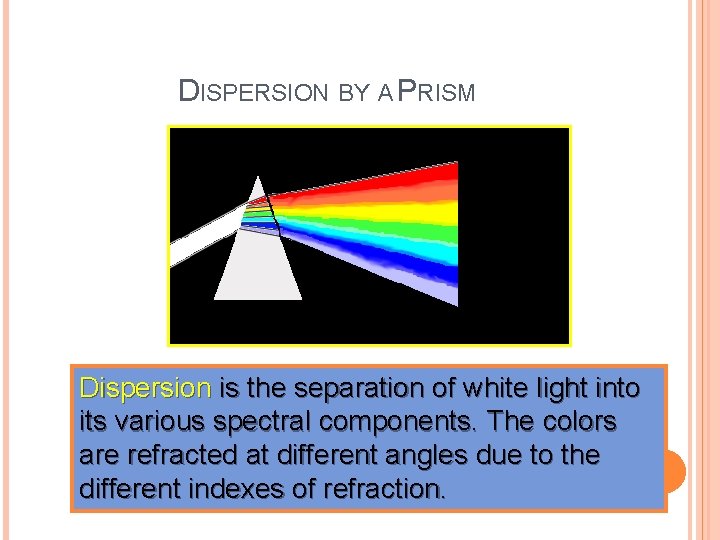 DISPERSION BY A PRISM Red Orange Yellow Green Blue Indigo Violet Dispersion is the DISPERSION BY A PRISM Red Orange Yellow Green Blue Indigo Violet Dispersion is the