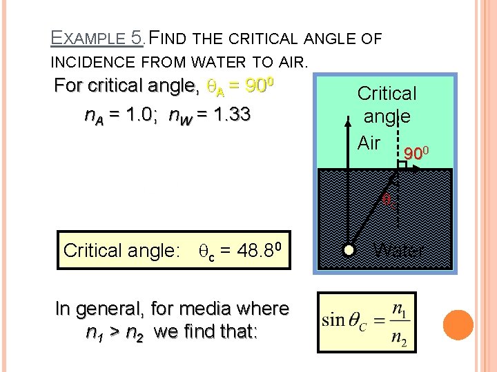 EXAMPLE 5. FIND THE CRITICAL ANGLE OF INCIDENCE FROM WATER TO AIR. For critical EXAMPLE 5. FIND THE CRITICAL ANGLE OF INCIDENCE FROM WATER TO AIR. For critical