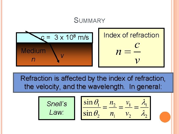 SUMMARY c = 3 x 108 m/s Medium n Index of refraction v Refraction SUMMARY c = 3 x 108 m/s Medium n Index of refraction v Refraction