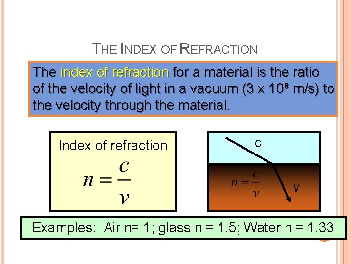 THE INDEX OF REFRACTION The index of refraction for a material is the ratio THE INDEX OF REFRACTION The index of refraction for a material is the ratio