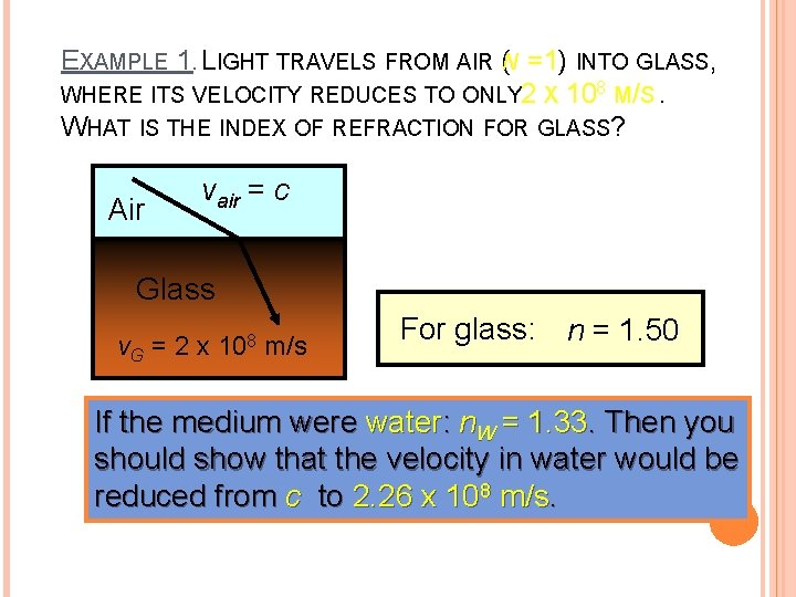 EXAMPLE 1. LIGHT TRAVELS FROM AIR (N = 1) INTO GLASS, WHERE ITS VELOCITY EXAMPLE 1. LIGHT TRAVELS FROM AIR (N = 1) INTO GLASS, WHERE ITS VELOCITY