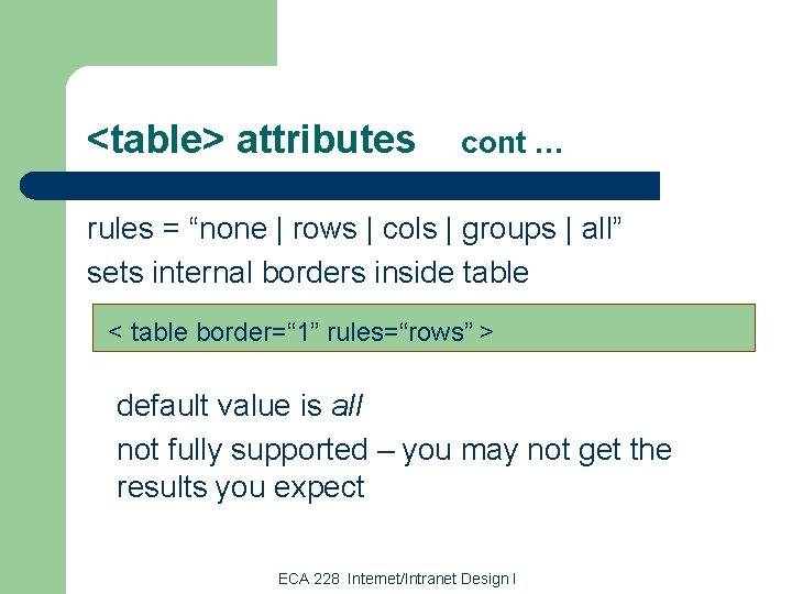 <table> attributes cont … rules = “none | rows | cols | groups |