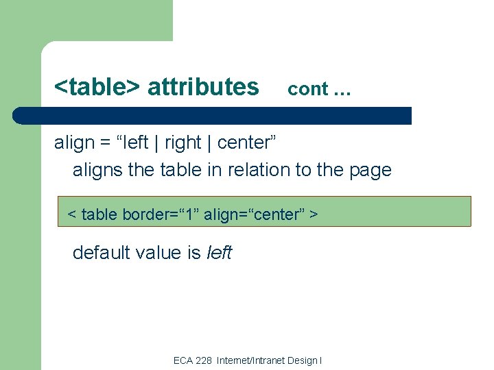 <table> attributes cont … align = “left | right | center” aligns the table