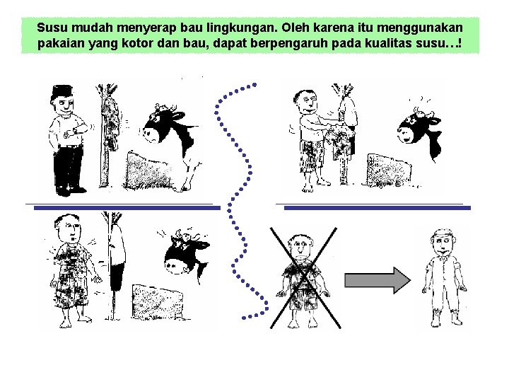 Susu mudah menyerap bau lingkungan. Oleh karena itu menggunakan pakaian yang kotor dan bau,