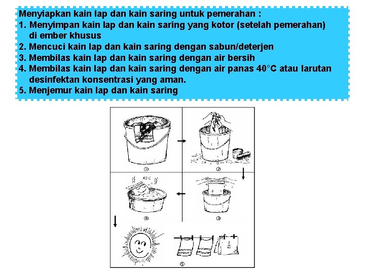 Menyiapkan kain lap dan kain saring untuk pemerahan : 1. Menyimpan kain lap dan
