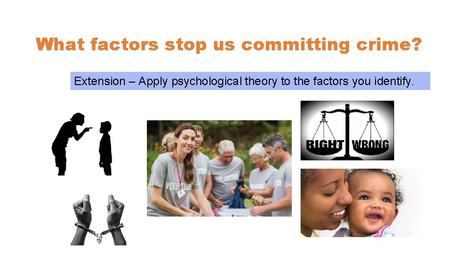 What factors stop us committing crime? Extension – Apply psychological theory to the factors What factors stop us committing crime? Extension – Apply psychological theory to the factors