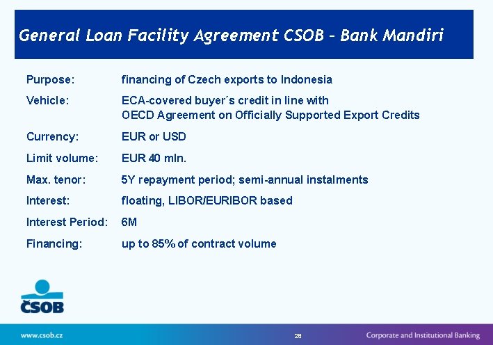 General Loan Facility Agreement CSOB – Bank Mandiri Purpose: financing of Czech exports to