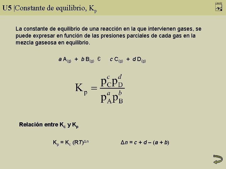U 5 |Constante de equilibrio, Kp La constante de equilibrio de una reacción en