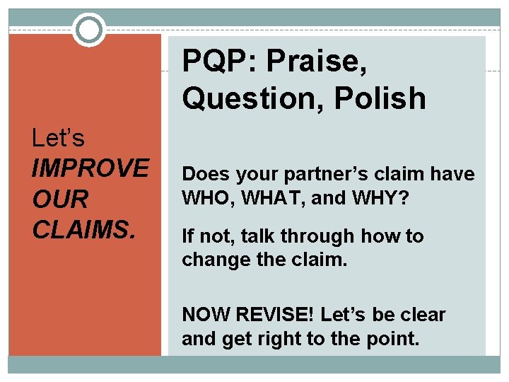 PQP: Praise, Question, Polish Let’s IMPROVE OUR CLAIMS. Does your partner’s claim have WHO,
