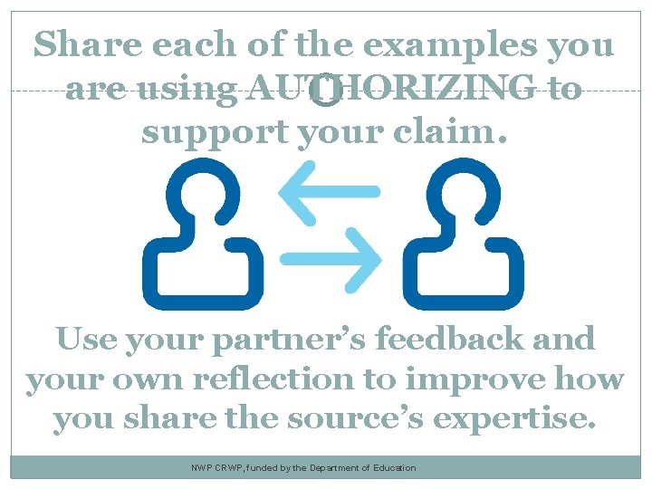 Share each of the examples you are using AUTHORIZING to support your claim. Use
