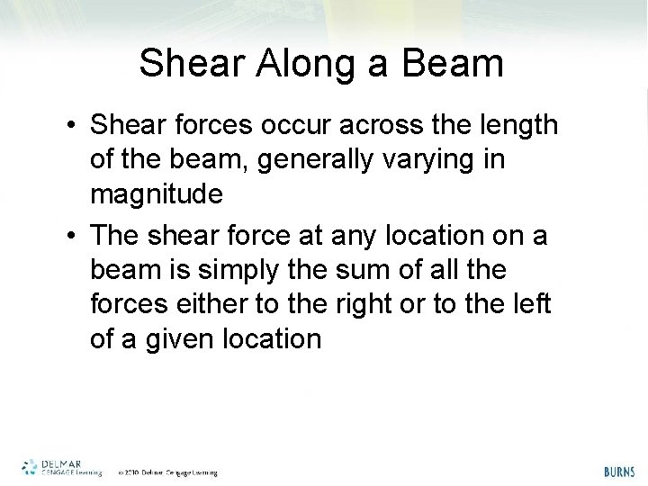 Shear Along a Beam • Shear forces occur across the length of the beam,