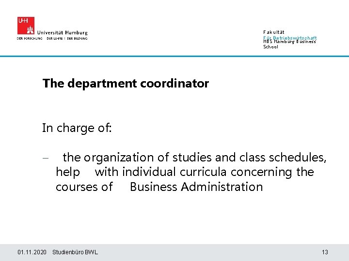 Fakultät Für Betriebswirtschaft HBS Hamburg Business School The department coordinator In charge of: -