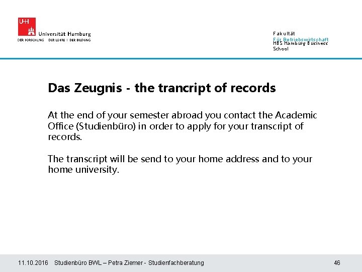 Fakultät Für Betriebswirtschaft HBS Hamburg Business School Das Zeugnis - the trancript of records