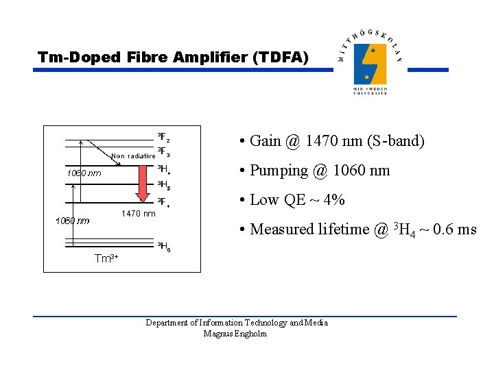 Tm-Doped Fibre Amplifier (TDFA) • Gain @ 1470 nm (S-band) • Pumping @ 1060