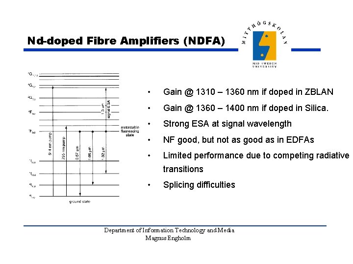 Nd-doped Fibre Amplifiers (NDFA) • Gain @ 1310 – 1360 nm if doped in