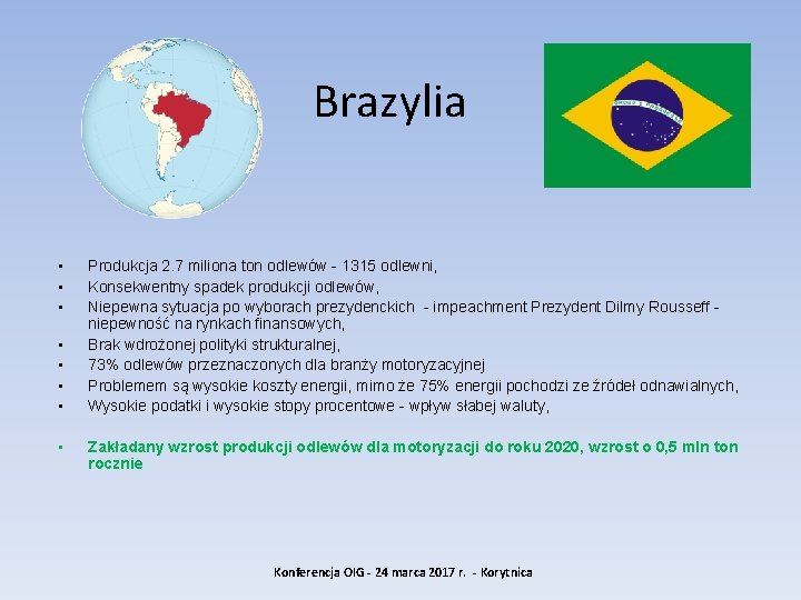 Brazylia • • Produkcja 2. 7 miliona ton odlewów - 1315 odlewni, Konsekwentny spadek