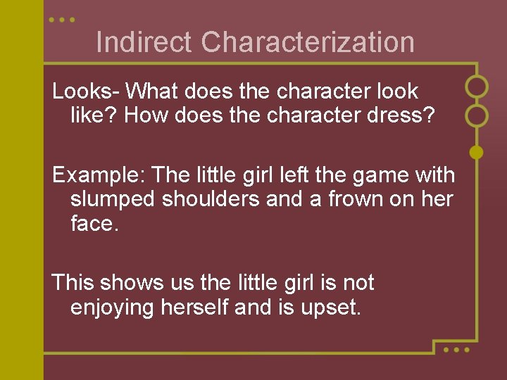 Indirect Characterization Looks- What does the character look like? How does the character dress?