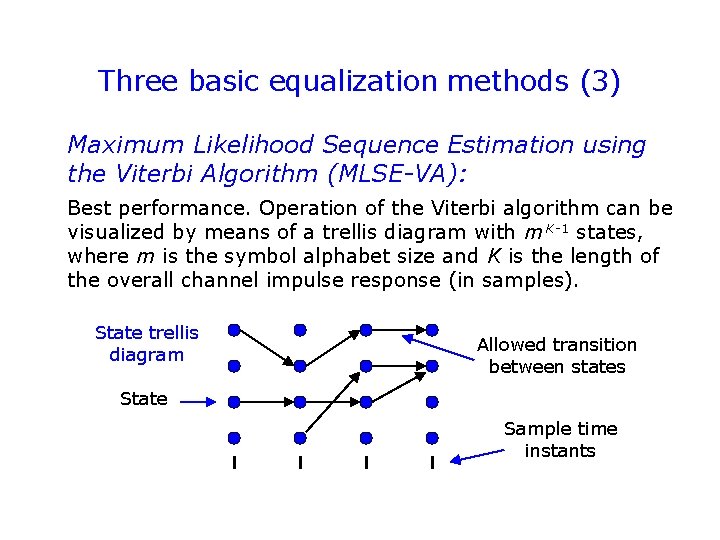 Three basic equalization methods (3) Maximum Likelihood Sequence Estimation using the Viterbi Algorithm (MLSE-VA): Three basic equalization methods (3) Maximum Likelihood Sequence Estimation using the Viterbi Algorithm (MLSE-VA):