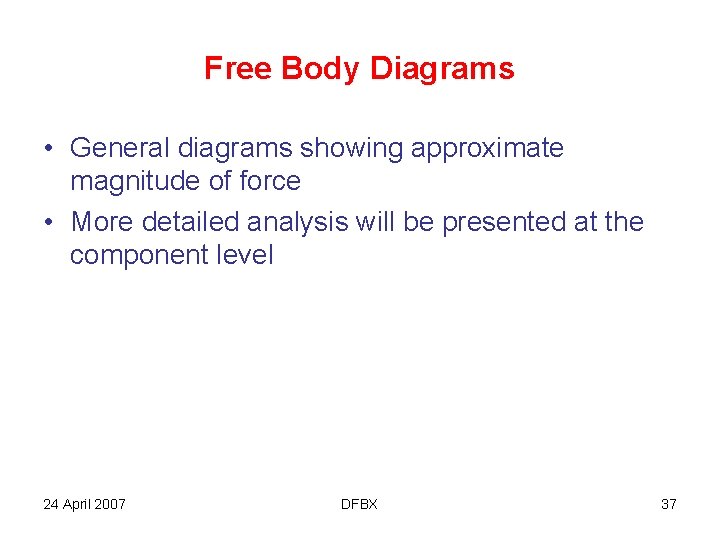 Free Body Diagrams • General diagrams showing approximate magnitude of force • More detailed