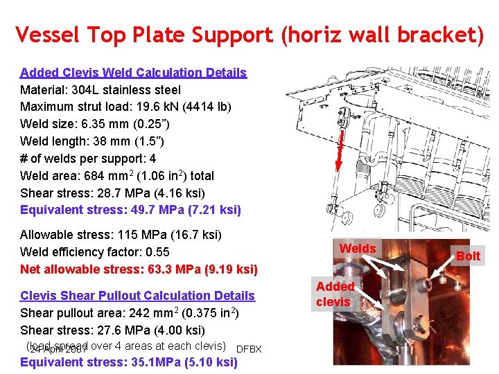 Vessel Top Plate Support (horiz wall bracket) Added Clevis Weld Calculation Details Material: 304