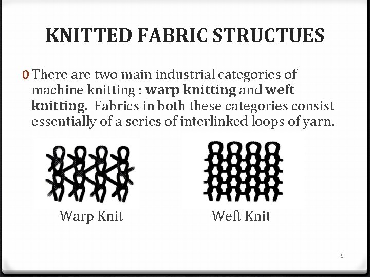 KNITTED FABRIC STRUCTUES 0 There are two main industrial categories of machine knitting :