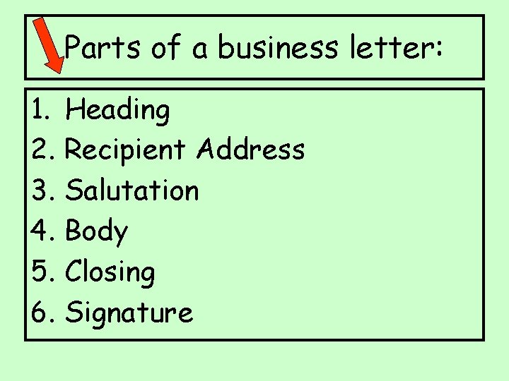 Parts of a business letter: 1. 2. 3. 4. 5. 6. Heading Recipient Address