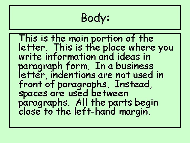 Body: This is the main portion of the letter. This is the place where