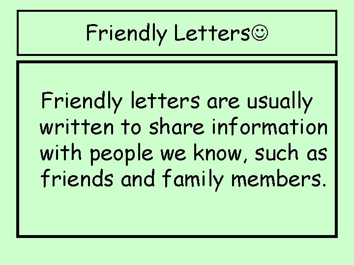 Friendly Letters Friendly letters are usually written to share information with people we know,