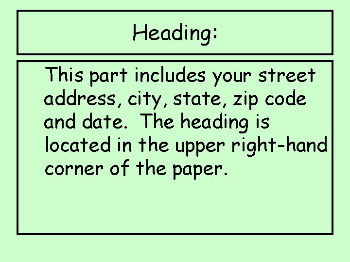 Heading: This part includes your street address, city, state, zip code and date. The