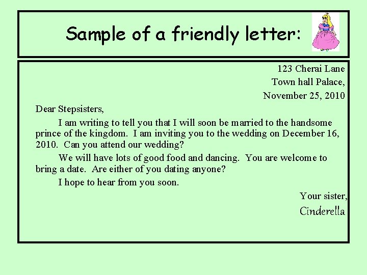 Sample of a friendly letter: 123 Cherai Lane Town hall Palace, November 25, 2010