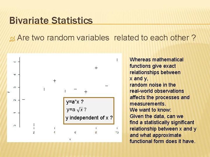 Bivariate Statistics Are two random variables related to each other ? y=a*x ? y