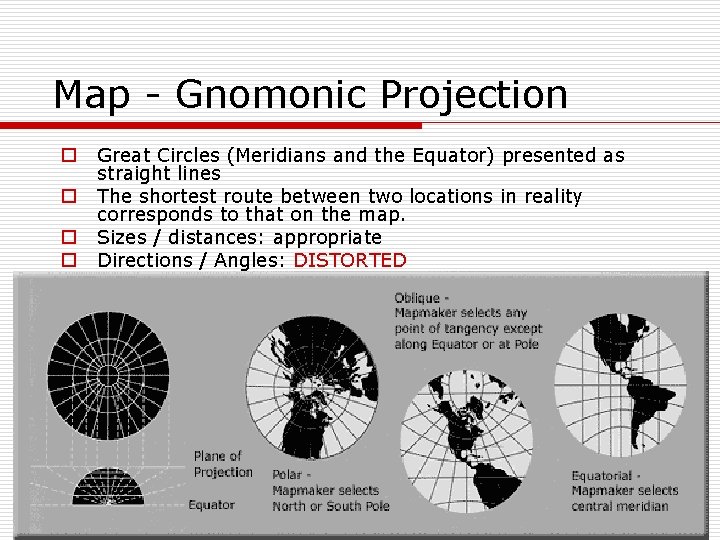 Map - Gnomonic Projection o o Great Circles (Meridians and the Equator) presented as