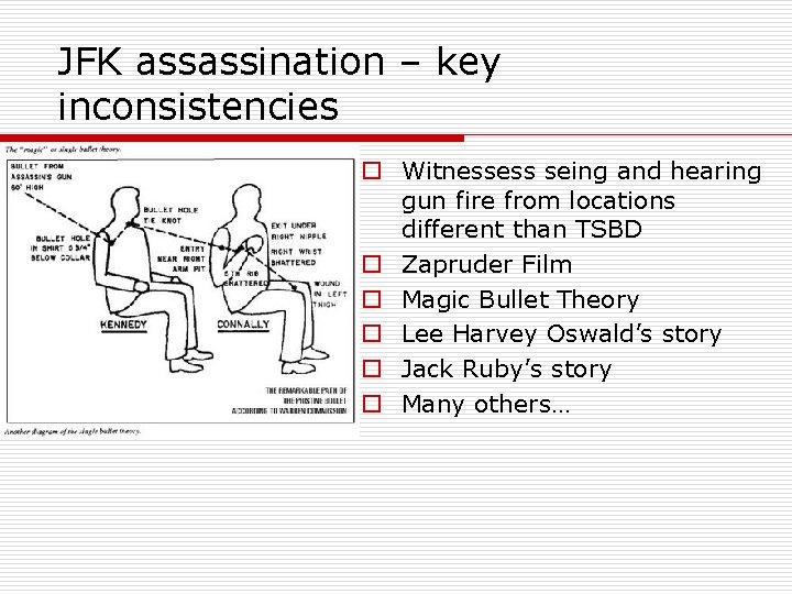 JFK assassination – key inconsistencies o Witnessess seing and hearing gun fire from locations